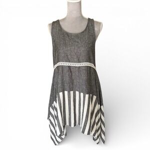 Italian Linen Tunic Top Womens One Size Sleeveless Gray Striped Artsy